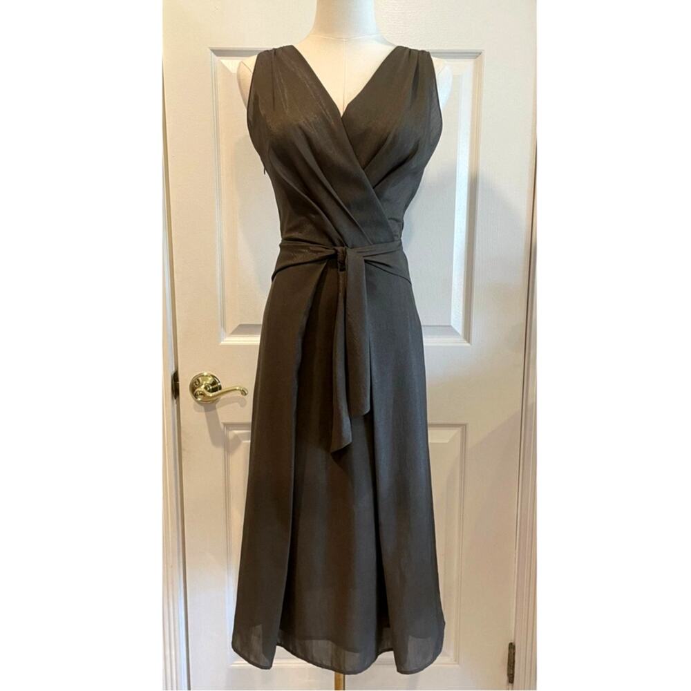 Italian e Collezioni Silk Brown Surplice Wrap Sleeveless Midi Tie Waist Dress S
